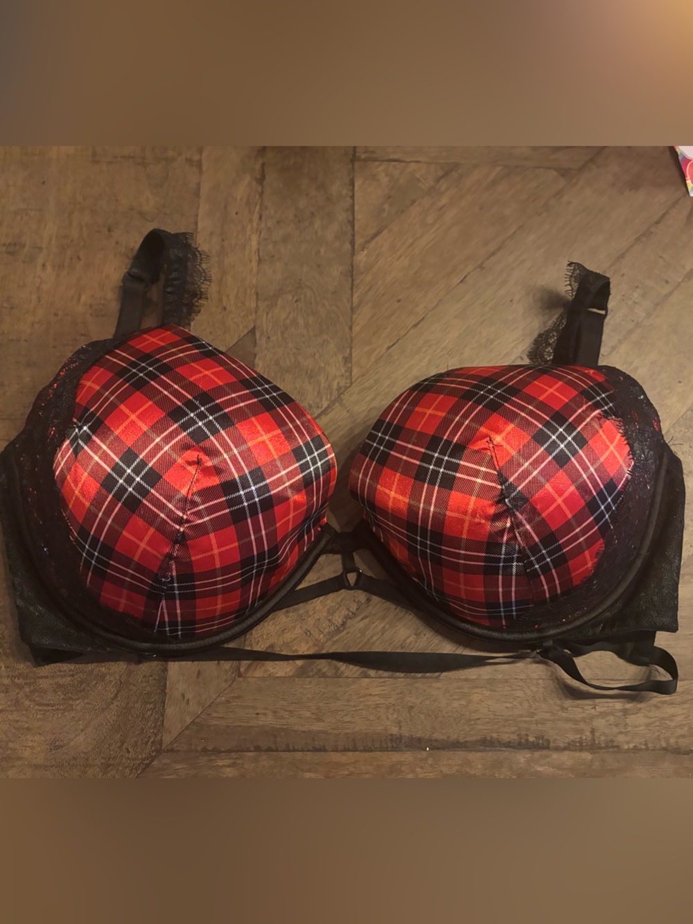 Victoria's Secret Red & Black Plaid Padded “Very Sexy” Bra with Lace